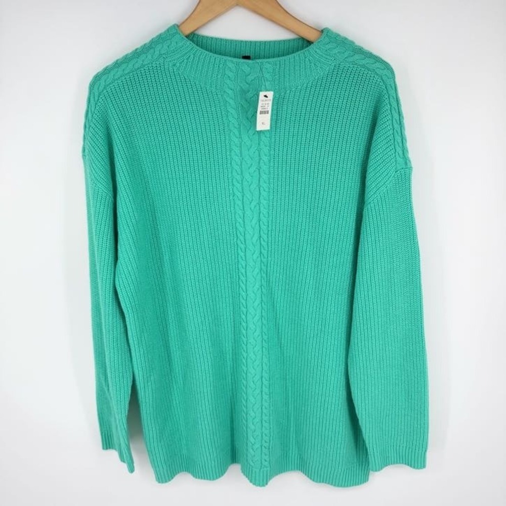 NEW Talbots Cable Knit Wool Blend Pullover Sweater XL Green Cozy Soft Chunky